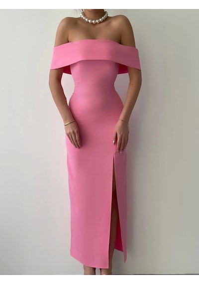 Defymoda Madonna Yaka Uzun Elbise Pembe