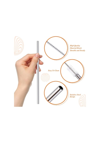 Ekstra Uzun Paslanmaz Çelik Pipet Seti 3 Parça Eğri + Düz + Fırça