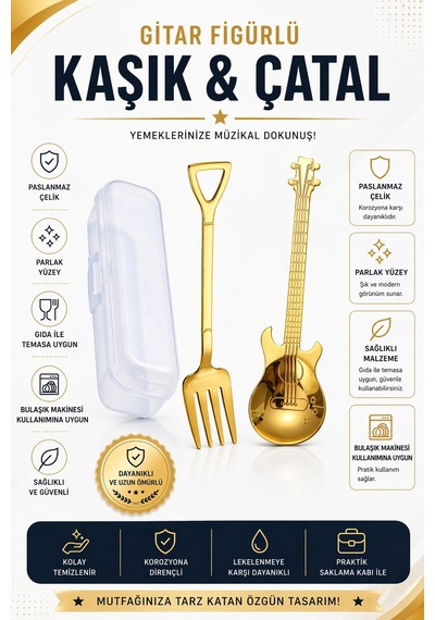 Jojobebek Gold Renk Gitar Tasarımlı Paslanmaz Çelik Kaşık ve Paslanmaz Çelik Çatal + Saklama Kutusu Sarı
