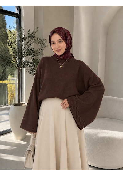 Unika Boutique Kadın Yarasa Kol Oversize Triko Kazak kahverengi