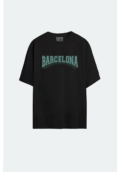- Unisex Barcelona Baskılı Siyah Oversize T-shirt SIYAH