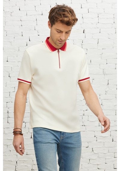 Ac&Co / Altınyıldız Classics Erkek Ekru Bordo Regular Fit Geniş Kesim Polo Yaka Tişört Ekru - Bordo