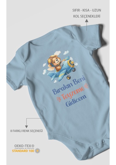 Morivokids Bırakın Beni Teyzeme Gideceğim Kısa Kollu Bebek Body %100 Pamuk Bebe Mavisi