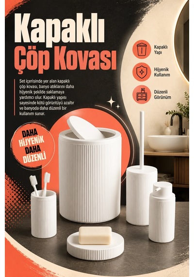 Şık Görünümlü Beyaz Banyo Aksesuar Takımı 5 Parça Günlük Kullanıma Uygun Set