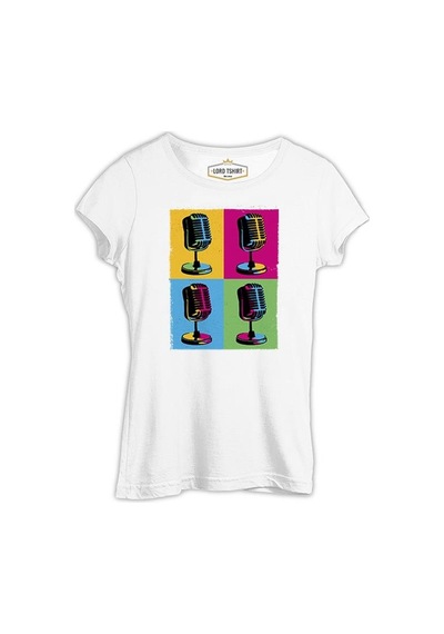 Pop Art Microphones Beyaz Kadın Tshirt 001