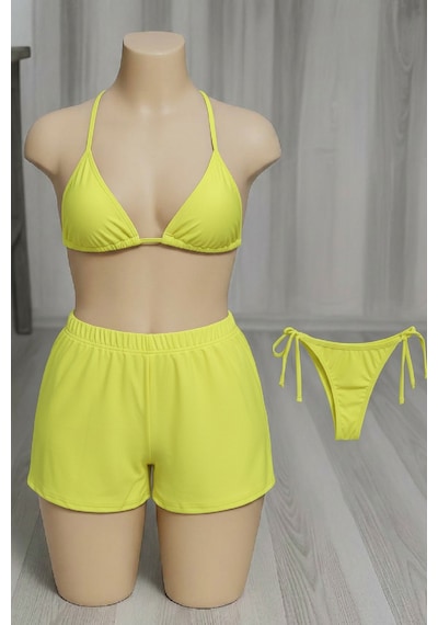 Modi Kadın 3'lü Set Fosforlu Şortlu Ve Yandan Bağlamalı Bikini Mayo Takımı Siyah