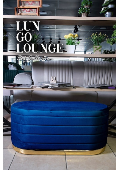 Lungo Long Line Mavi Puf- 90cm Gold Kaplama Kapitoneli Luxery Pofuduk Oturma Pufu&Makyaj Puff&Bench