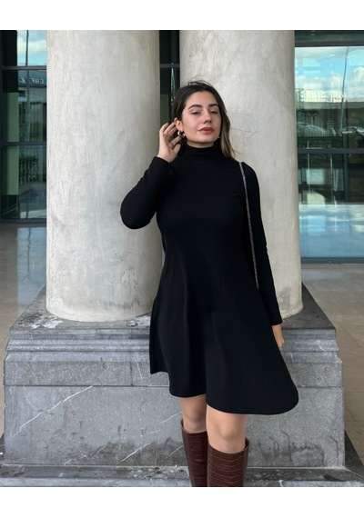 De'charme Kadın Uzun Kollu Balıkçı Yaka Salaş Kusa Akrilik Elbise Siyah
