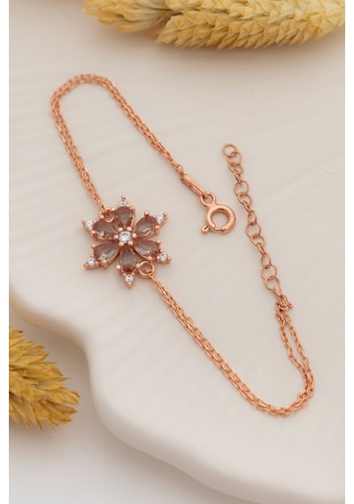 Kahverengi Taşlı Gümüş Çiçek Model Rose Kadın Bileklik