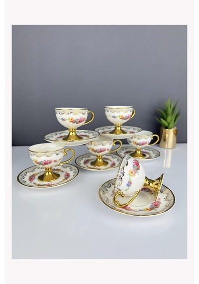 Lüx Porselen Ayaklı Vintage 6 Lı Fincan Takımı Çok Renkli