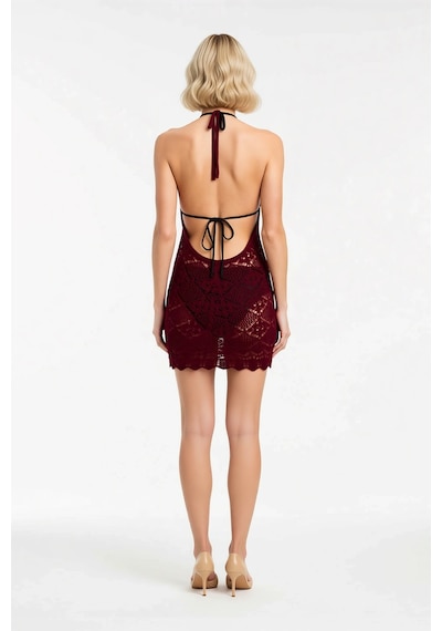 Benerly Kadın Halter Yaka Sırt Dekolteli Örme Mini Elbise Bodycon Kesim D Bordo