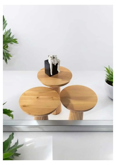 Wood Wooden 3 Lü Set Fitilli Mantar Yan Sehpa Modern Ahşap Renk F