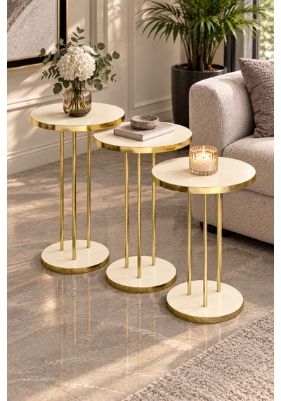 Sulorahome Krem Bej 3'lü Yuvarlak Zigon Sehpa Takımı Gold Metal Ayaklı Bej - Altın