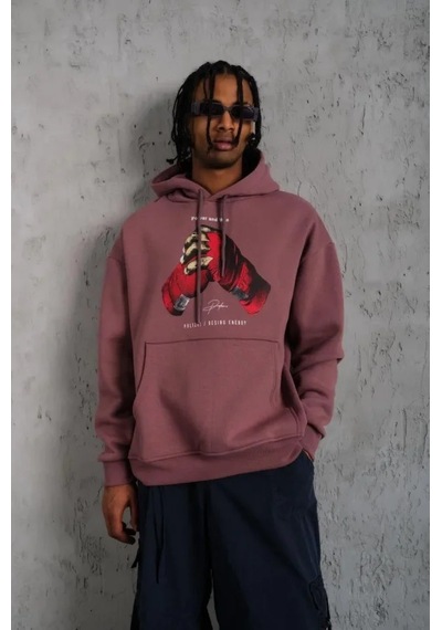 Veraura Lifestyle Erkek Eldiven Baskılı Kapüşonlu Sweat - Gül Kurusu Gülkurusu