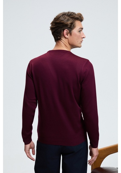 Grimelange VAREX Erkek Yuvarlak Yaka Basic Slim Fit Triko Bordo Kazak