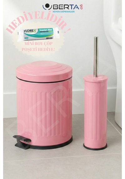 Vintage Banyo Seti Beyaz Çöp Kovası 5lt Tuvalet Fırçası Lüks Model - Mini Boy Çöp Poşeti Hediyelidir Pembe