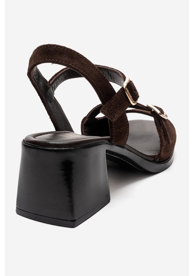 Luvishoes Yolen Kahverengi Süet Hakiki Deri Kadın Kalın Topuklu Sandalet Kahverengi