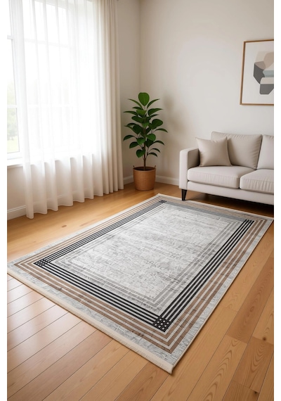 Blghome Renkli Çerçeveli Modern Halı Dekoratif Kilim Vizon
