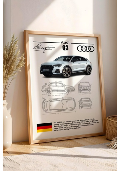 Audi Q3 Tablo - Teknik Özellikli Alman Lüks Suv Poster - Çerçeveli Duvar Dekoru - Araba Blueprint Kayın