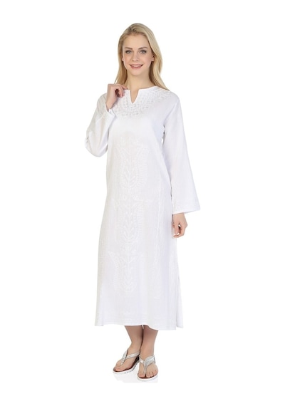 Eliş Şile Bezi Uzun Kol Şile Bezi Simli Kaftan Midi Boy Elbise Beyaz
