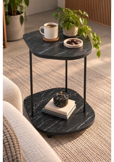 Sulorahome Tekerlekli Oval Servis Sehpası Siyah Mermer Desenli