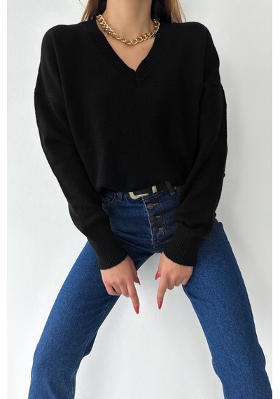 Femelle Kadın Siyah V Yaka Standart Beden Oversize Basic Triko Kazak