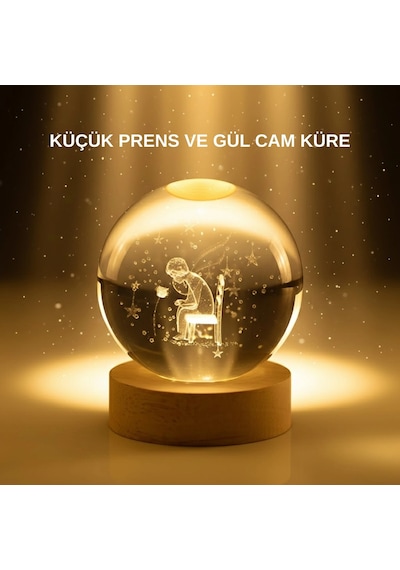 Küçük Prens Cam Küre Usb Işıklı Ahşap Standlı Büyük Boy Çok Renkli