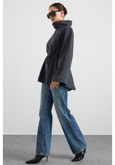 Olcay Degaje Yaka Oversize Kareli Bluz Antrasit 9839