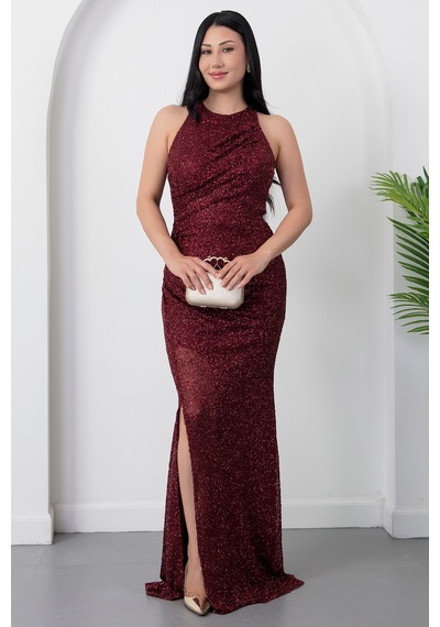 Kalopya Halter Yaka Yırtmaçlı Boncuklu Elbise 41099 Bordo