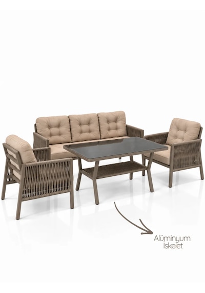 Vena 3+1+1 Alüminyum Oturma Grubu 5 Kişilik Bahçe Balkon Teras Çay Seti Vizon