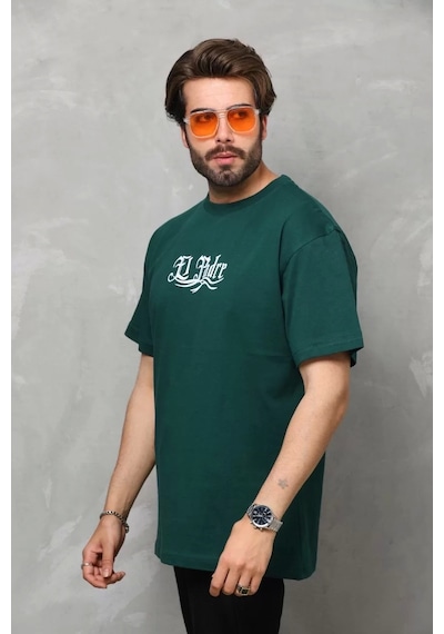Unisex Bisiklet Yaka Baskılı Oversize T-shirt - Yeşil Yeşil