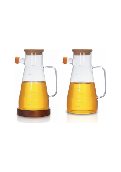 Amberhaus Kesten 900 Ml Cam Yağdanlık Ahşap Kapaklı Ve Altlıklı Şeffaf, Pratik Mutfak Yağ Ve Sirke Şişesi