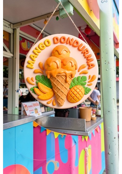 Mango Dondurma Görselli Ahşap İpli Kapı Duvar Süsü Tropikal Cafe Reklam Panosu