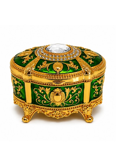 Kristal Taşlı Oval Mücevher Kutusu Kadife İç Kaplamalı Gold İşlemeli Takı Kutusu Dekoratif Saklama Kutusu Yeşil