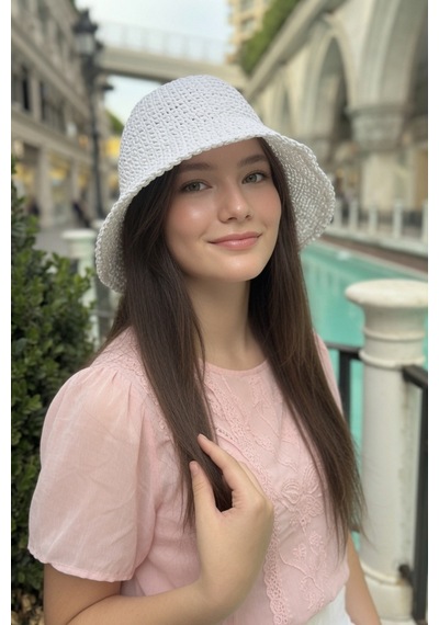 Mollycrush Kadın Beyaz Yazlık Örgü Bucket Şapka Güneş Koruyucu Trend Kova Model Beyaz