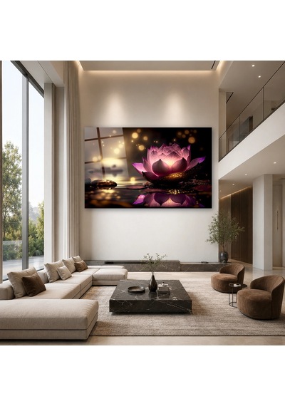 Bokeh Işığında Pembe Nilüfer Çerçevesiz Cam Tablo