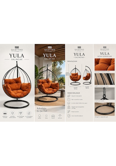 Yula Salıncak Minderli Metal Gövdeli Bahçe Ve Balkon Salıncağı Siyah