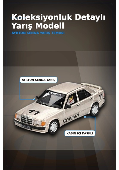 Ayrton Senna Logolu 1/64 Diecast Mercedes 190e Model Araba - Blisterli Paket Bx-313360