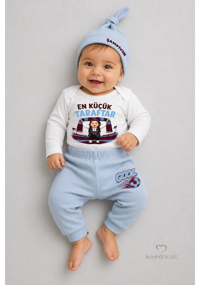Babyden's %100 Pamuk Bebek Takımı Bordo Mavi En Küçük Taraftar Baskılı 3'lü Yenidoğan Bebek Takımı Uzun Kollu Body Pantolon Şapka Set