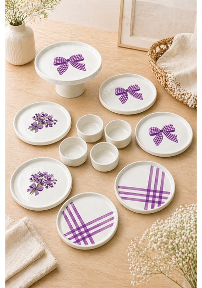 Lila Gift 11 Parça 6 Kişilik Seramik Kahvaltı Takımı & Sunum Seti Lila Desenli Pasta Tabağı Seti Beyaz