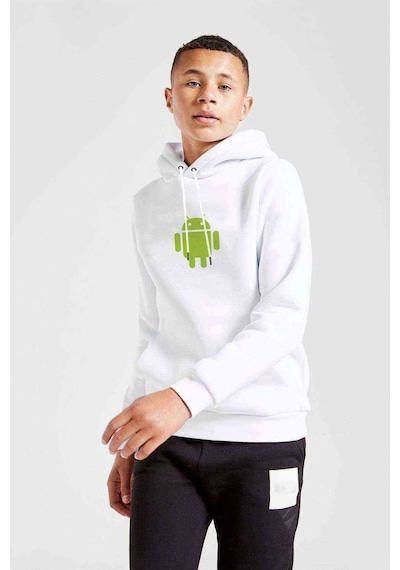 Tshirthane Android Logo Baskılı Unisex Çocuk Kapüşonlu Beyaz Sweatshirt Beyaz