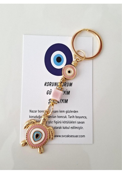 Hediyelik Nazar Boncuklu Şeker Pembe Şans Kaplumbağa Anahtarlık 10,5 Cm