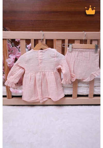 Babyhola Kız Bebek Çocuk Yazlık Elbise Müslin Önlüklü Şortlu Takım 22410 Somon