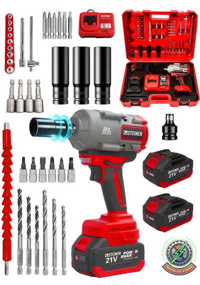 Steiner 21v 1100 Nm Kömürsüz Torklu Çift Akülü 10 Pilli 1/2 Kırmızı Şarjlı Somun Sıkma Sökme Makinesi + 38 Parça