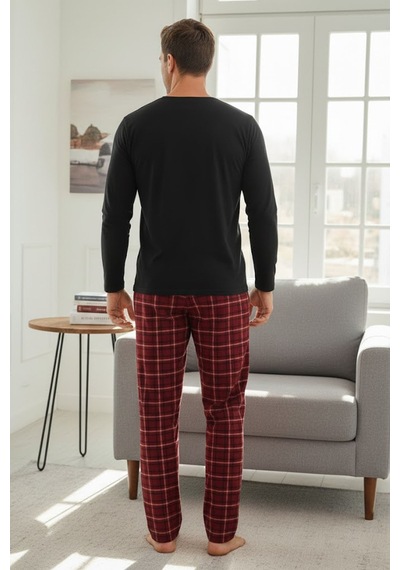 Siyah İnci Deve Baskılı Uzun Kollu Örme Pijama Takım Siyah