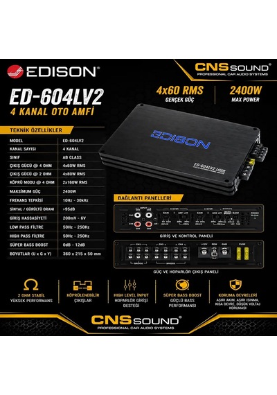 Tr Ed-604lv2 4 Kanal Oto Amfi, 4x60w Rms, 4 Ohm, Ab Class Car Amplifier