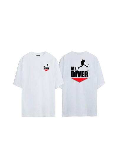 Thewert Unisex Tüplü Dalış Mr. Dıver Ön Arka Baskılı Beyaz Oversize T-shirt