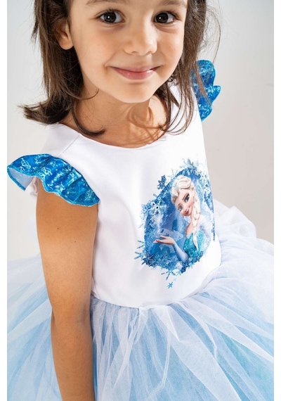 YAĞMUR KOStütüM Taç & Asa & Saç Hediyeli Frozen Elsa Baskılı Kız Çocuk Doğum Günü Elbisesi & Parti Kostümü Mavi
