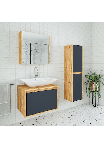 Banos Roomart Lavabolu Ahşap-Antrasit 65Cm Banyo Dolabı+Aynalı+Bo Antrasit