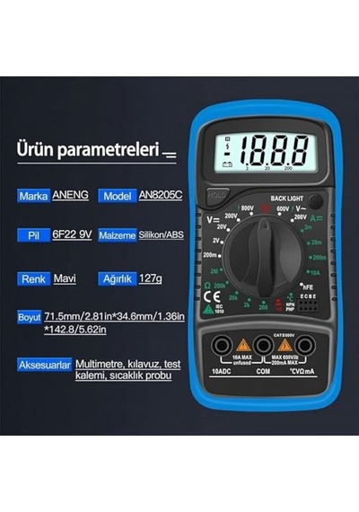 Led Ekranlı Dijital Multimetre Ölçü Aleti, Işıklı Ekranlı Elektrik Akım Ölçer, Silikon Kılıflı Açılabili